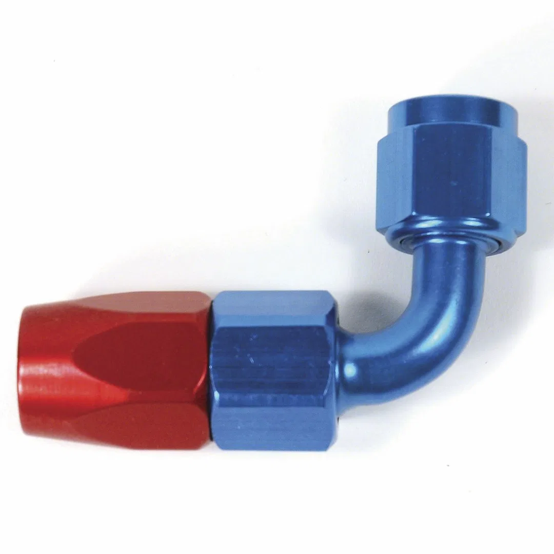511290 – SPEEDFX Hose End Fitting, Full Swivel -12AN 90 Degree Anodized Red/ Blue Aluminum Single